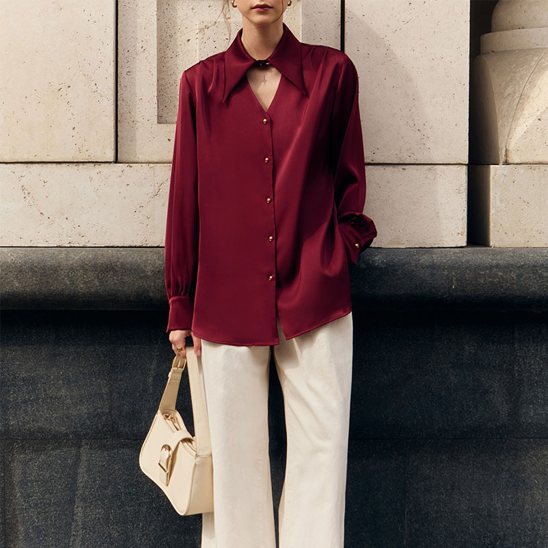 French Style Collar Long Sleeve Satin Blouse – Elegant and Luxurious Women’s Shirt