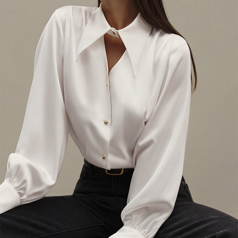 French Style Collar Long Sleeve Satin Blouse – Elegant and Luxurious Women’s Shirt