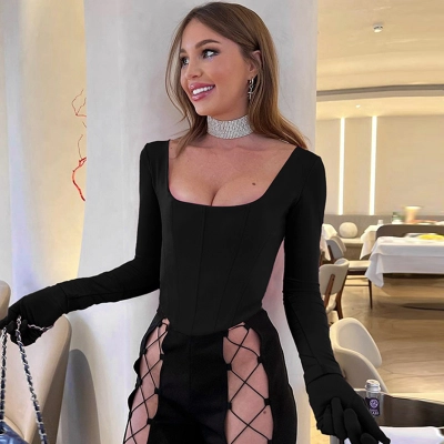 Sexy U-Neck Long Sleeve Fishbone Waist Crop Top with Gloves – Trendy Streetwear Set 01