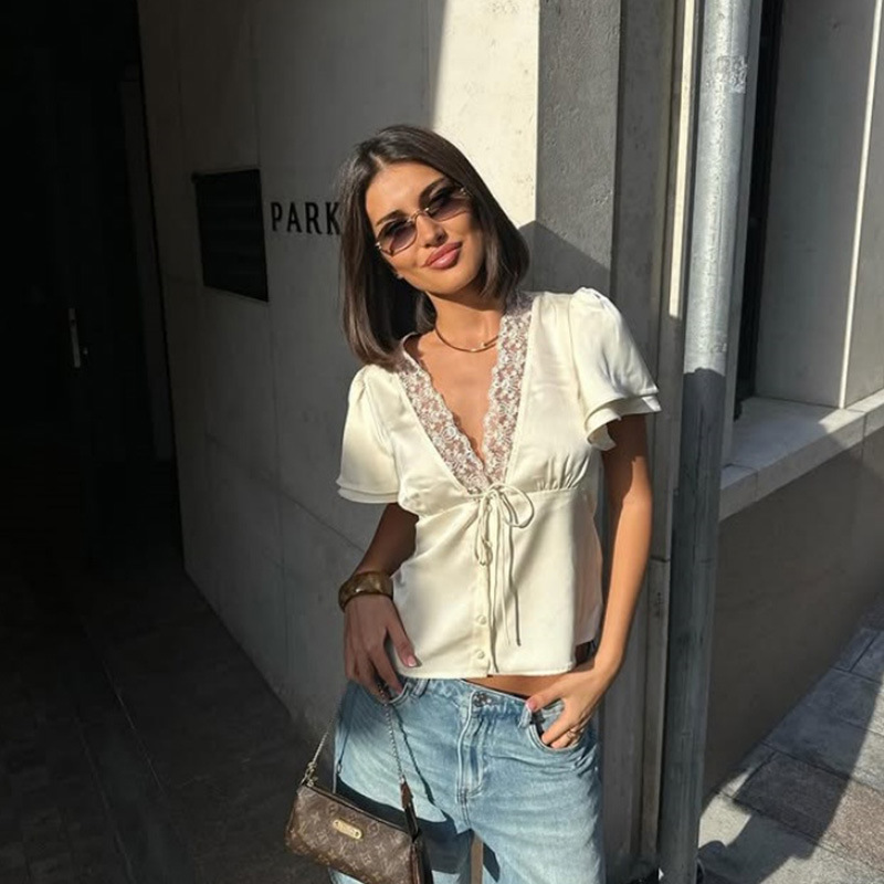 French Tie Waist Lace Panel Crop Tee – Sweet & Seductive Summer Top