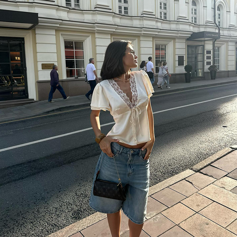 French Tie Waist Lace Panel Crop Tee – Sweet & Seductive Summer Top