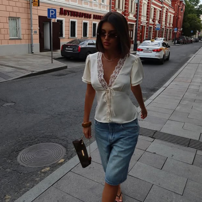 French Tie Waist Lace Panel Crop Tee – Sweet & Seductive Summer Top