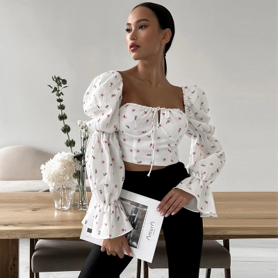 Sweet & Fresh Square Neck Puff Sleeve Tie Floral Crop Top – French Romantic Style Women’s Blouse 01