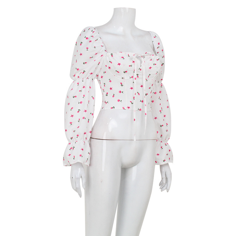 Sweet & Fresh Square Neck Puff Sleeve Tie Floral Crop Top – French Romantic Style Women’s Blouse