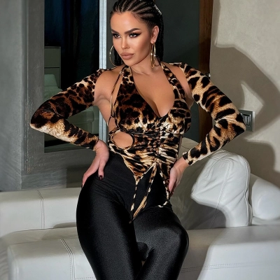 V-Neck Cutout Halter Sleeve Ruched Leopard Print Top – Trendy Streetwear Crop Top for Women 02