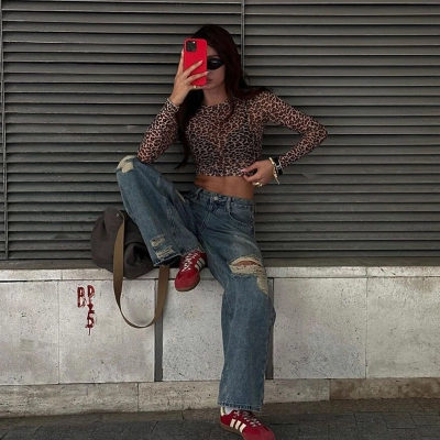 Sheer Leopard Print Long Sleeve Crop Top – Sexy & Trendy Mesh Blouse 01