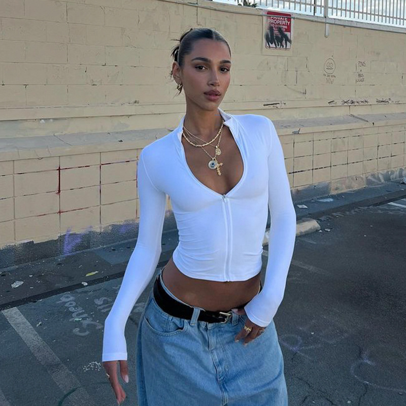 Long Sleeve Half Turtleneck Zipper Cardigan Crop Top – Sexy Slim Fit Girlie Tee for Women 2025 Winter New Arrival