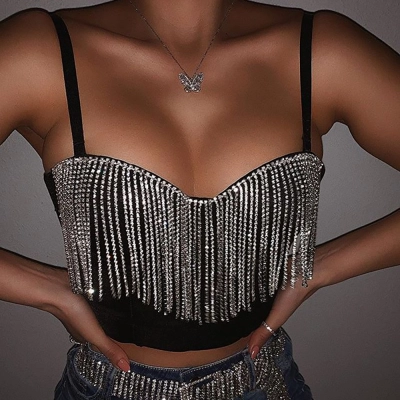 Solid Color Chain & Tassel Halter Crop Top – Sexy Strapless Tube Top 01