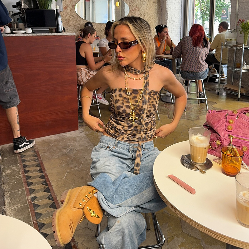 Vintage Leopard Print Halter Crop Top with Ruched Detail – Flirty & Trendy Streetwear 