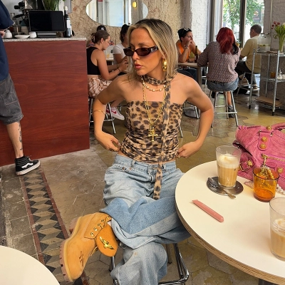 Vintage Leopard Print Halter Crop Top with Ruched Detail – Flirty & Trendy Streetwear  02