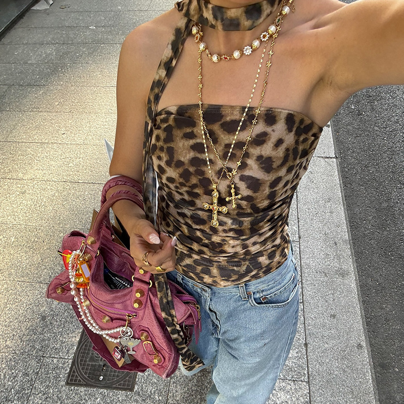 Vintage Leopard Print Halter Crop Top with Ruched Detail – Flirty & Trendy Streetwear 