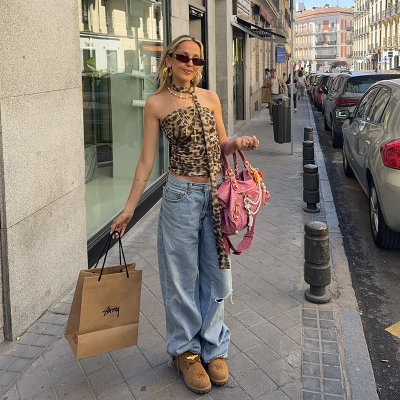 Vintage Leopard Print Halter Crop Top with Ruched Detail – Flirty & Trendy Streetwear  01