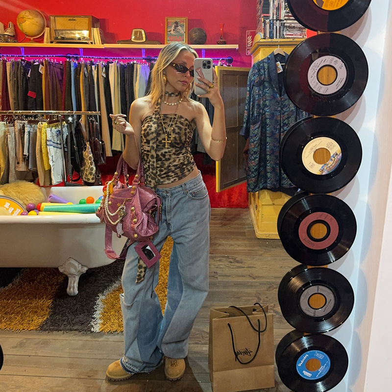 Vintage Leopard Print Halter Crop Top with Ruched Detail – Flirty & Trendy Streetwear 