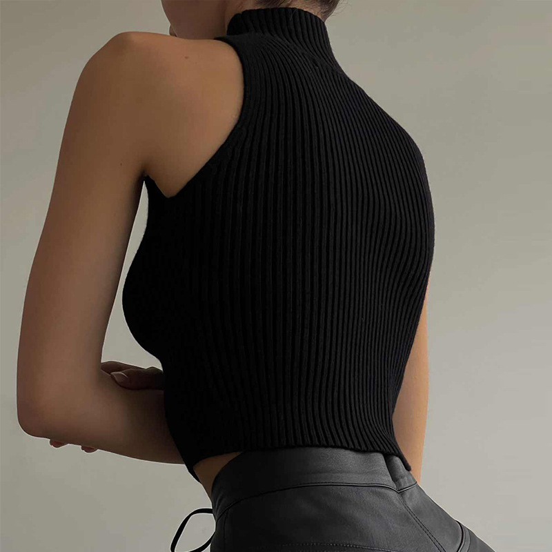 Sexy Sleeveless Crop Knit Top with Chest Cutout & Mock Neck – Edgy & Trendy Tube Top
