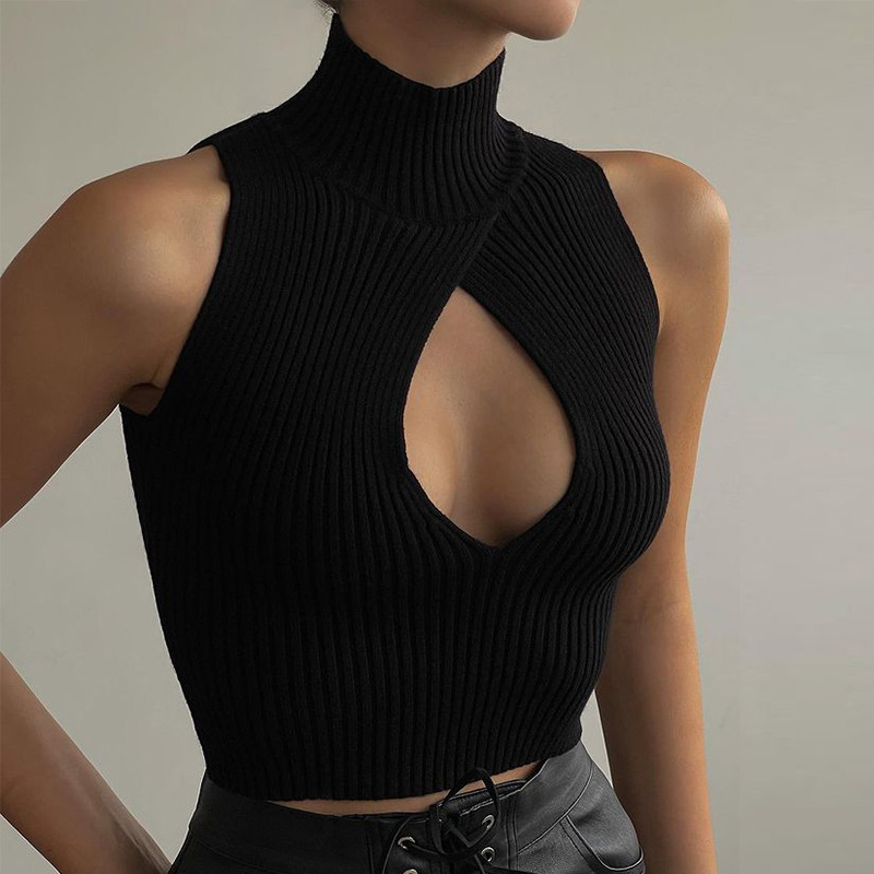 Sexy Sleeveless Crop Knit Top with Chest Cutout & Mock Neck – Edgy & Trendy Tube Top