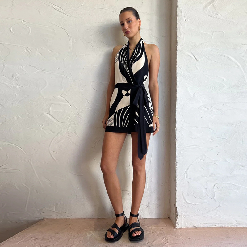 Nordic Style Classic Print Sexy Halter Backless Mini Dress – Slim Fit Waist Dress