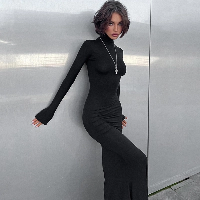 Sexy High Neck Long Sleeve Bodycon Midi Dress – Elegant Solid Color Long Dress 02