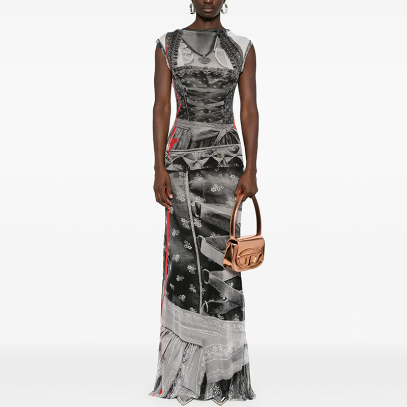 Elegant Round Neck Sleeveless Bodycon Printed Midi Dress – Chic & Stylish Women’s Dress