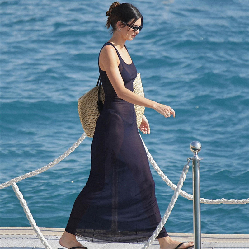 Sexy Sheer Tulle Beach Resort Maxi Dress with Open Back & Shoulder – Evening Gown Style 