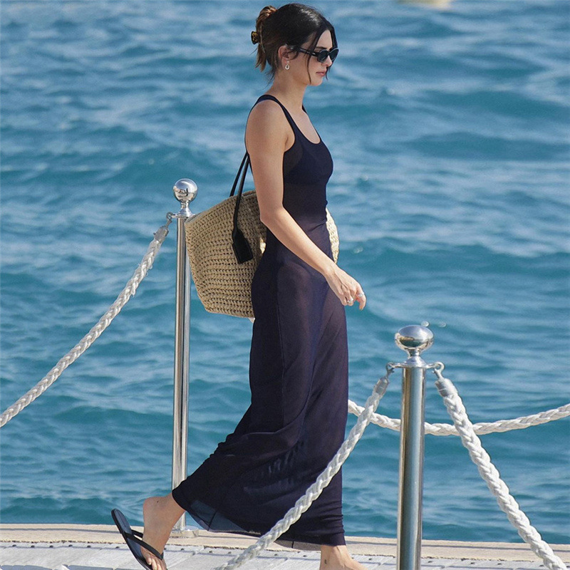 Sexy Sheer Tulle Beach Resort Maxi Dress with Open Back & Shoulder – Evening Gown Style 