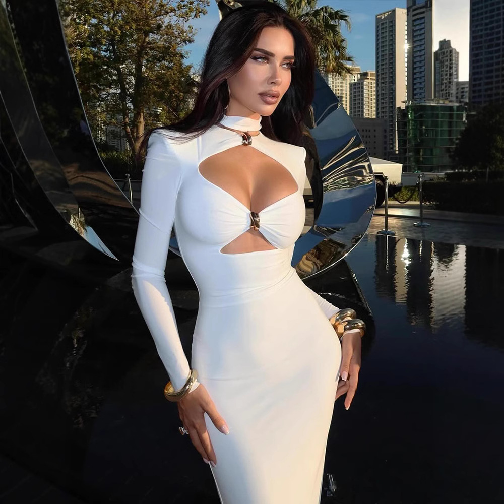 Elegant Sheer Detail Bodycon Midi Dress – Slim Fit Solid Color Long Dress with Open Accents