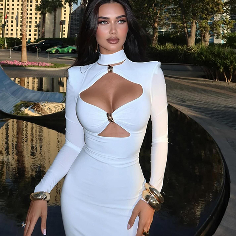 Elegant Sheer Detail Bodycon Midi Dress – Slim Fit Solid Color Long Dress with Open Accents