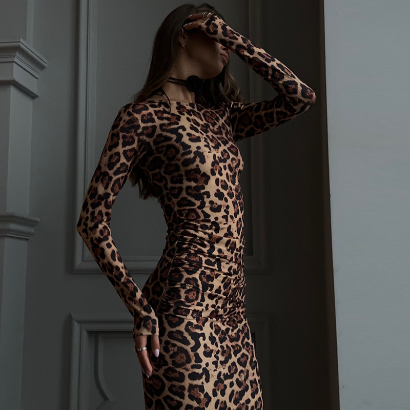 Round Neck Long Sleeve Leopard Print High Waist Sexy Midi Dress – Sweet & Edgy Girlie Style