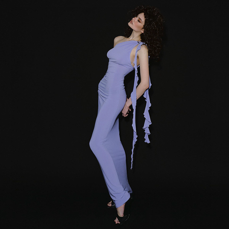 One Shoulder Sexy Backless Pure Temptation Bodycon Midi Dress with Sash & Ruffle Neck – Flirty & Elegant Evening Dress