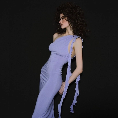 One Shoulder Sexy Backless Pure Temptation Bodycon Midi Dress with Sash & Ruffle Neck – Flirty & Elegant Evening Dress 02