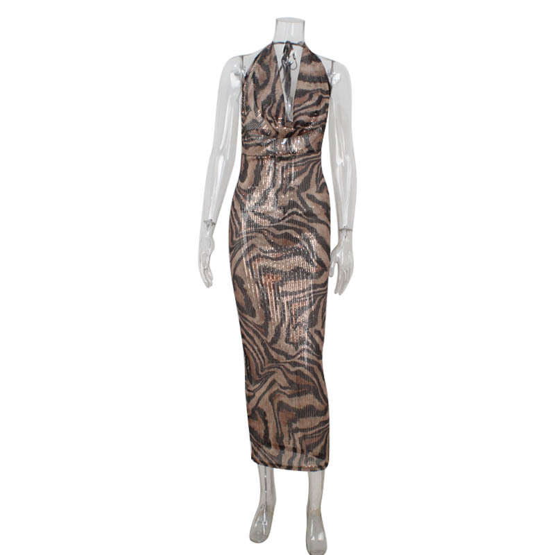 Sleeveless Halter Deep V Leopard Print Bodycon Midi Dress – Edgy Party Queen Clubwear