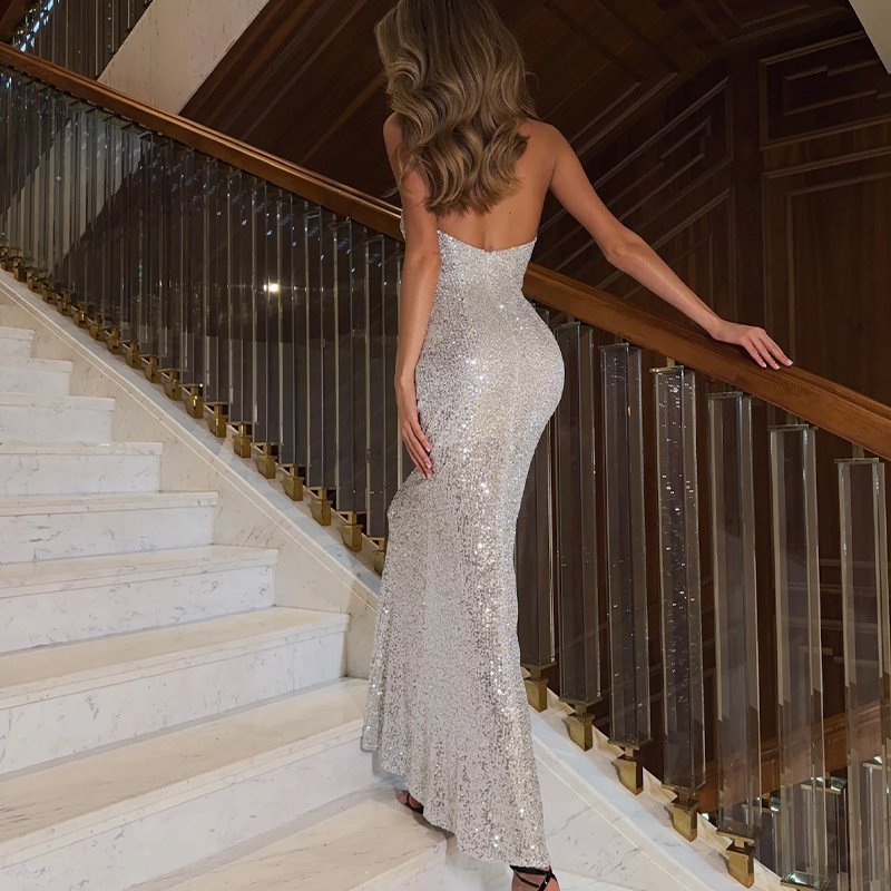 Glamorous Halter Neck Backless Sequin Bodycon Mermaid Dress – Luxurious Evening Gown