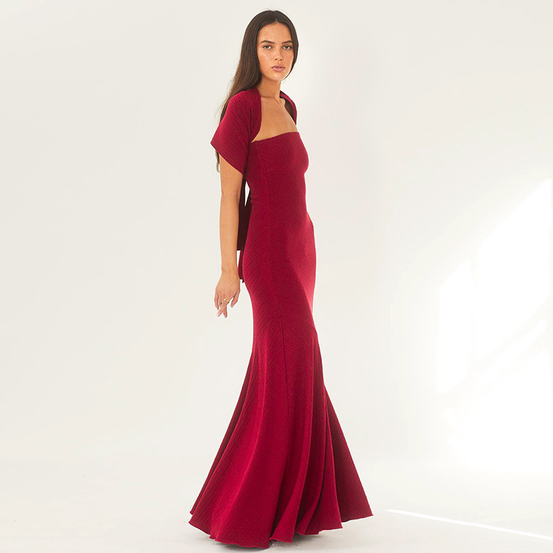 Elegant Solid Color Strapless Mermaid Bodycon Dress with Detachable Scarf Neck