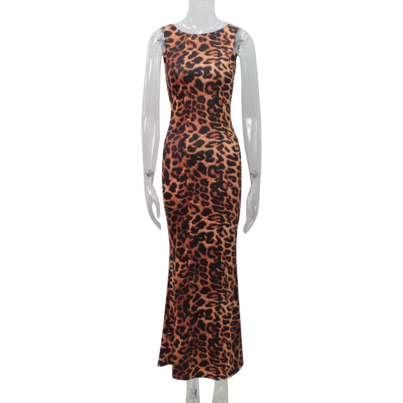 Sexy Backless Sleeveless Leopard Print Bodycon Midi Dress – Trendy Clubwear Dress