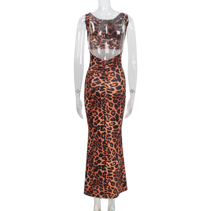 Sexy Backless Sleeveless Leopard Print Bodycon Midi Dress – Trendy Clubwear Dress