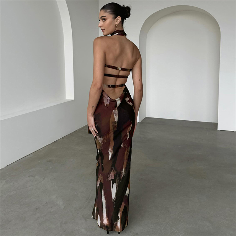 Sexy Strapless Deep Backless Printed Bodycon Long Dress – Elegant Evening Gown