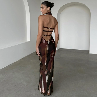 Sexy Strapless Deep Backless Printed Bodycon Long Dress – Elegant Evening Gown 02