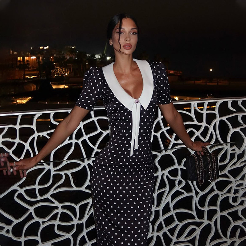 Audrey Hepburn Style French Polka Dot Vintage Print Color Block Dress