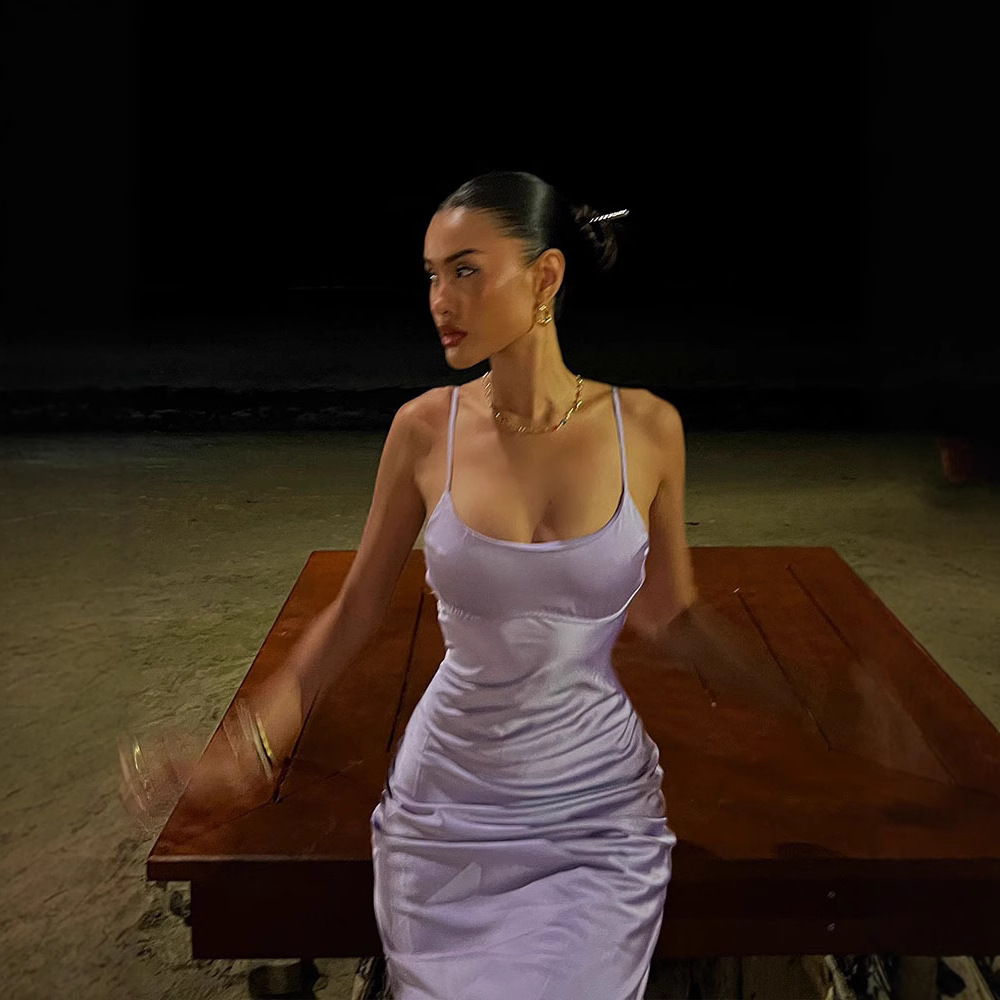 Elegant French Style Shiny Satin Slip Dress with Open Back – Flattering Bodycon Dress