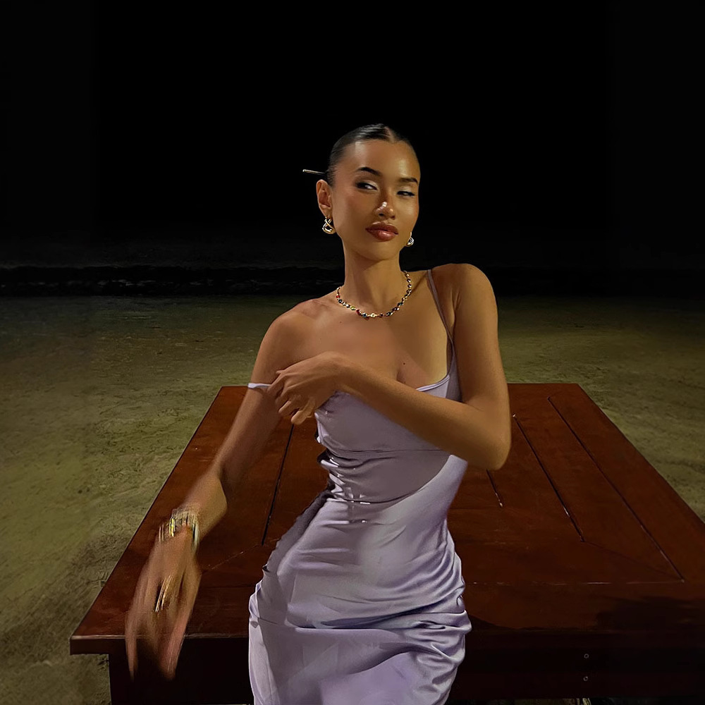 Elegant French Style Shiny Satin Slip Dress with Open Back – Flattering Bodycon Dress