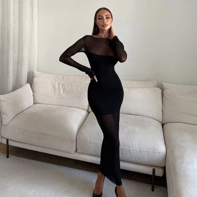 Round Neck Long Sleeve Bodycon Dress with Sheer Mesh Panels 01