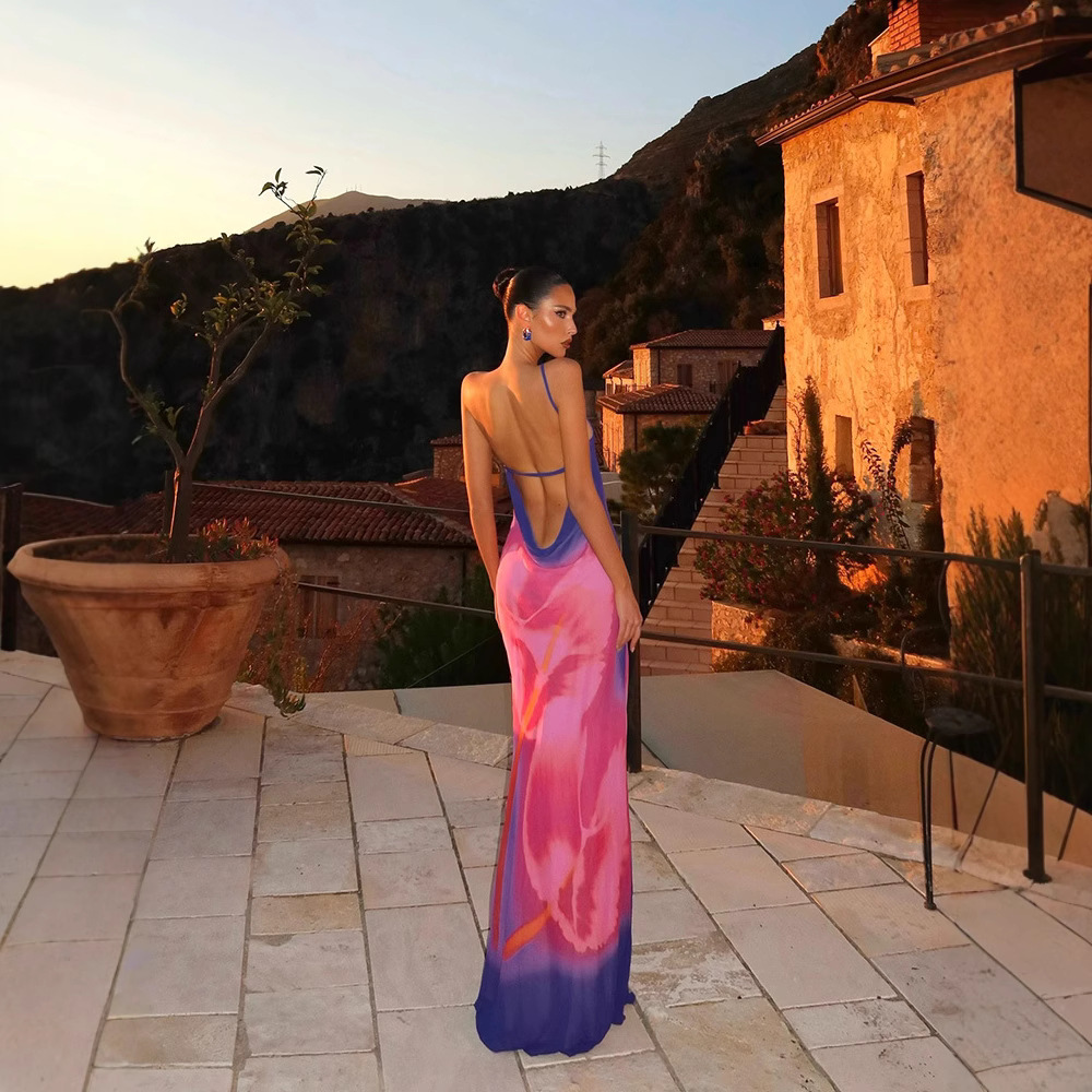 Elegant Asymmetrical Strap Deep Backless Printed Bodycon Long Dress with High Slit – Trendy Summer Dress