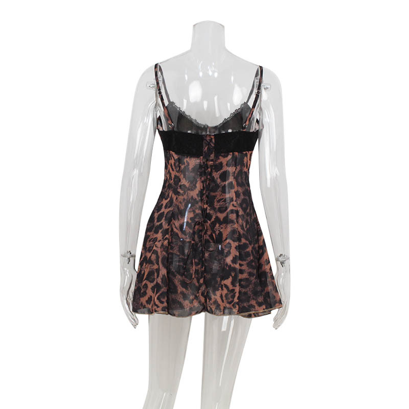Sexy Leopard Print Spaghetti Strap Low-Cut Lace Trim High Waist A-Line Bodycon Dress – Trendy Clubwear