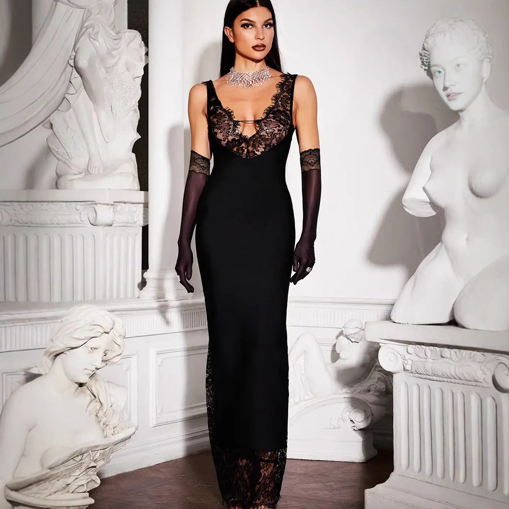 Sexy US Style Sleeveless Deep V Lace Trim Bodycon Long Evening Dress
