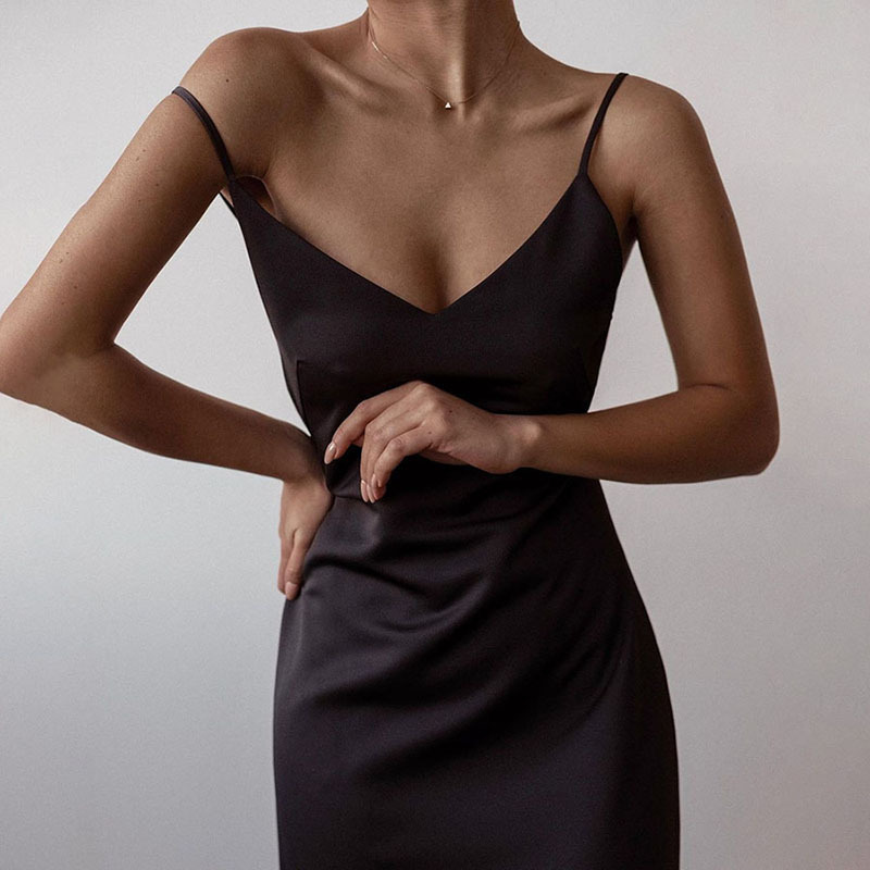 French V-Neck Satin Sexy Backless Strapless Midi Dress