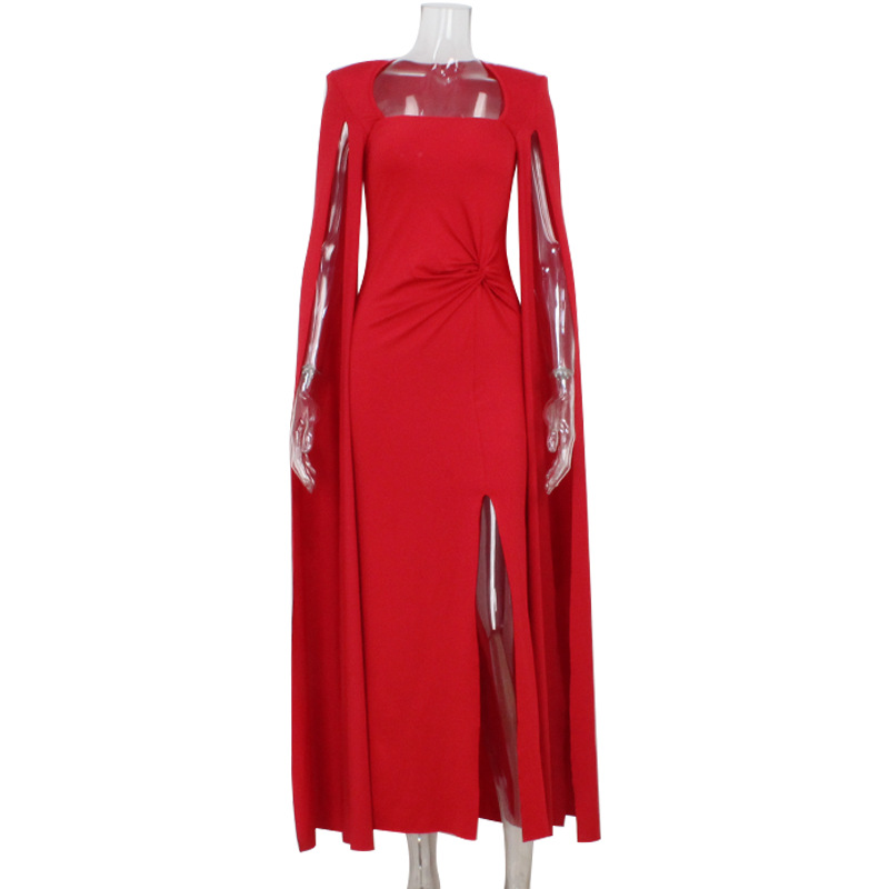 Trendy Square Neck Puff Sleeve Waist-Cinching Solid Color Sexy Long Evening Gown – Red Carpet Dress 