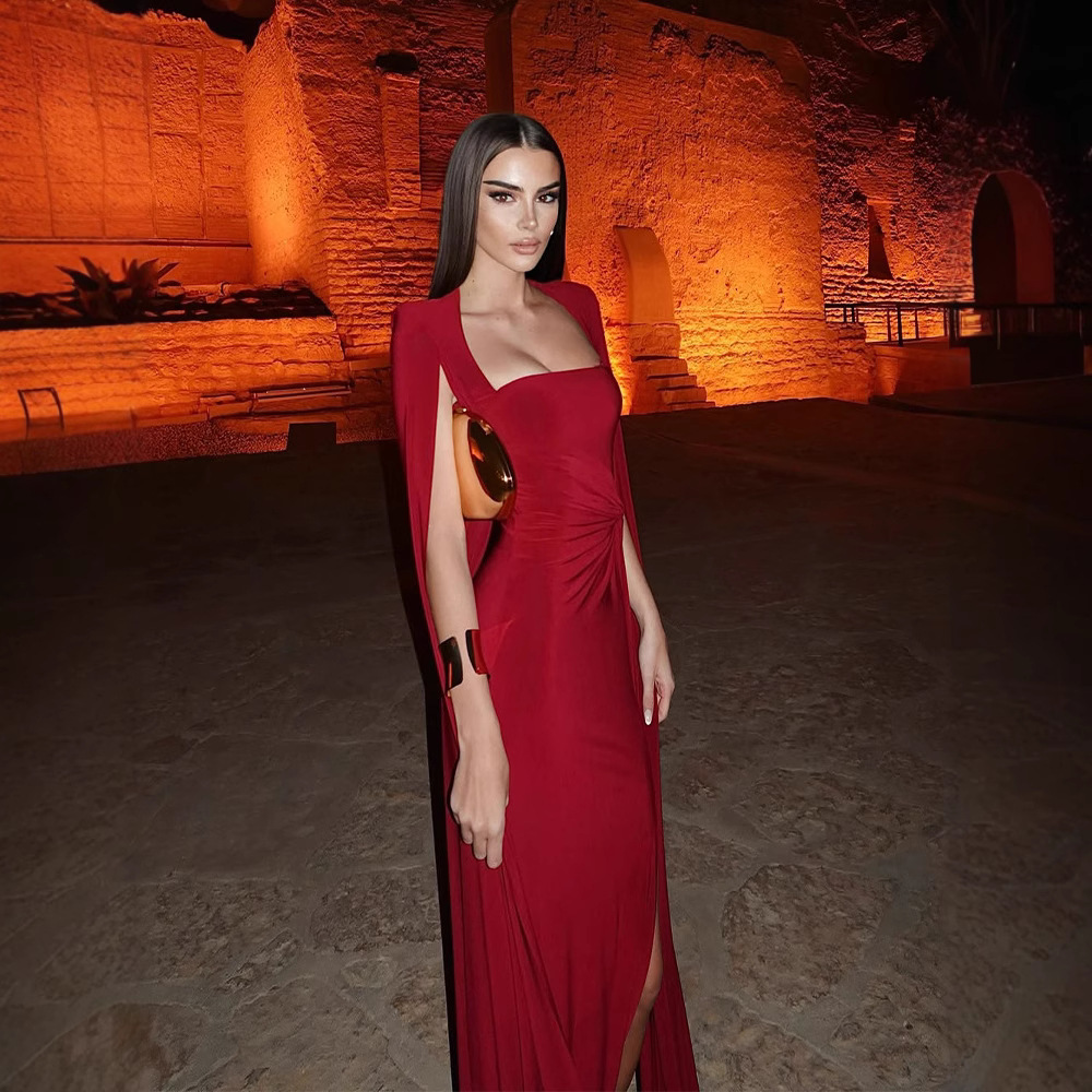 Trendy Square Neck Puff Sleeve Waist-Cinching Solid Color Sexy Long Evening Gown – Red Carpet Dress 
