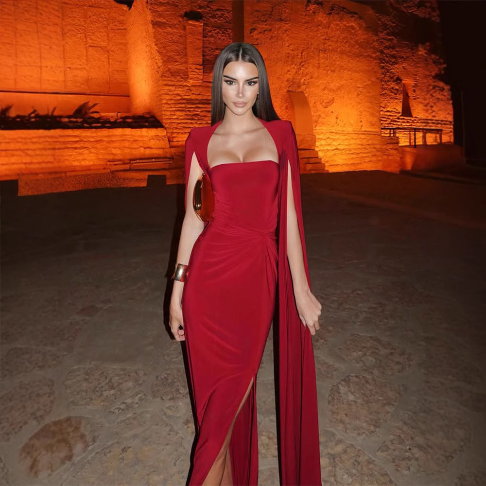 Trendy Square Neck Puff Sleeve Waist-Cinching Solid Color Sexy Long Evening Gown – Red Carpet Dress 