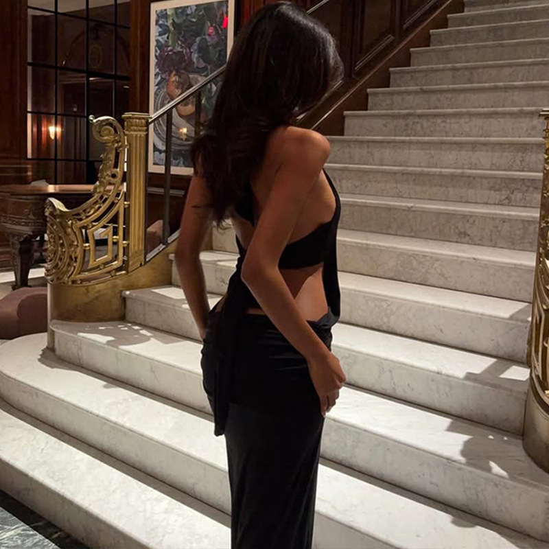 Black Sexy Deep V Halter Backless Elegant Long Evening Gown – Glamorous Red Carpet Dress