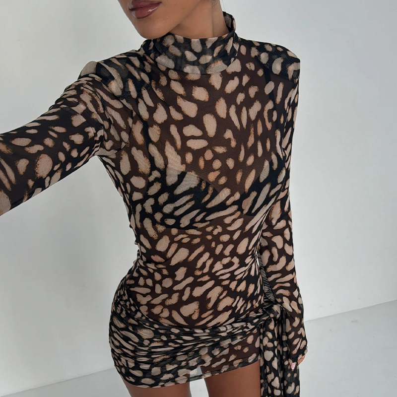 Sexy Leopard Print Sheer Mesh Bodycon Dress with Tie Waist – Trendy Clubwear