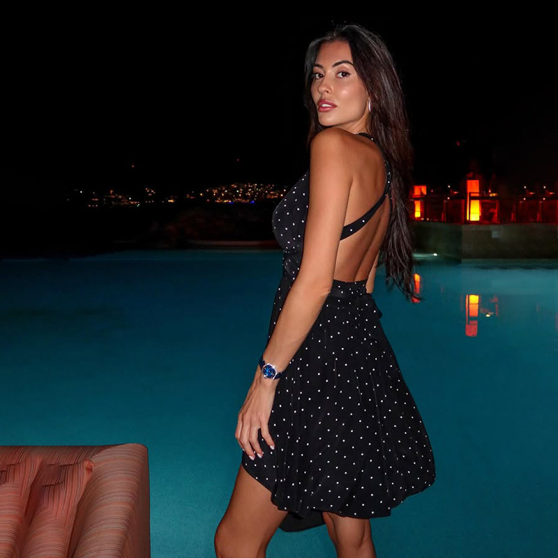 Sleeveless Halter Backless Polka Dot Print Waist-Cinching Slimming Mini Dress – Sweet & Seductive Style